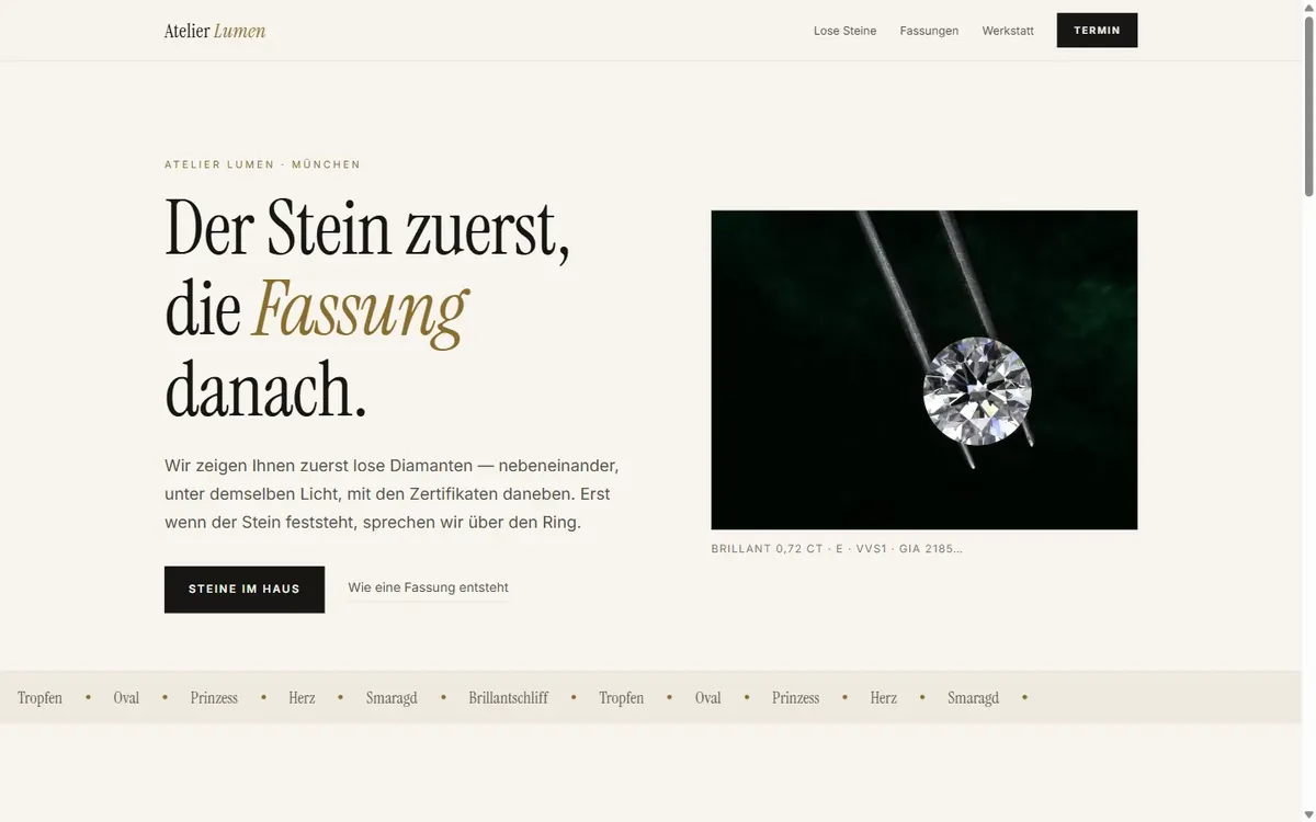 Vorschau Entwurf Atelier: heller Titel neben einem losen Brillanten