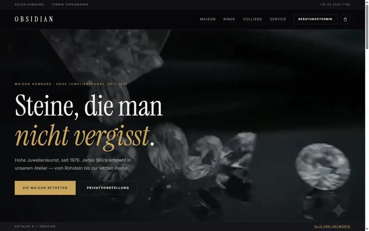 Vorschau Entwurf Atelier: heller Titel neben einem losen Brillanten